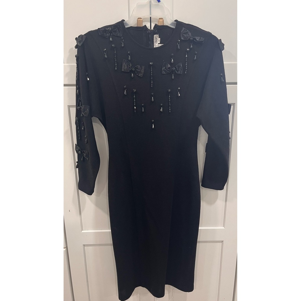 Vtg‎ Outlander Black Beaded Bow Long Sleeve Knit Dress Size M